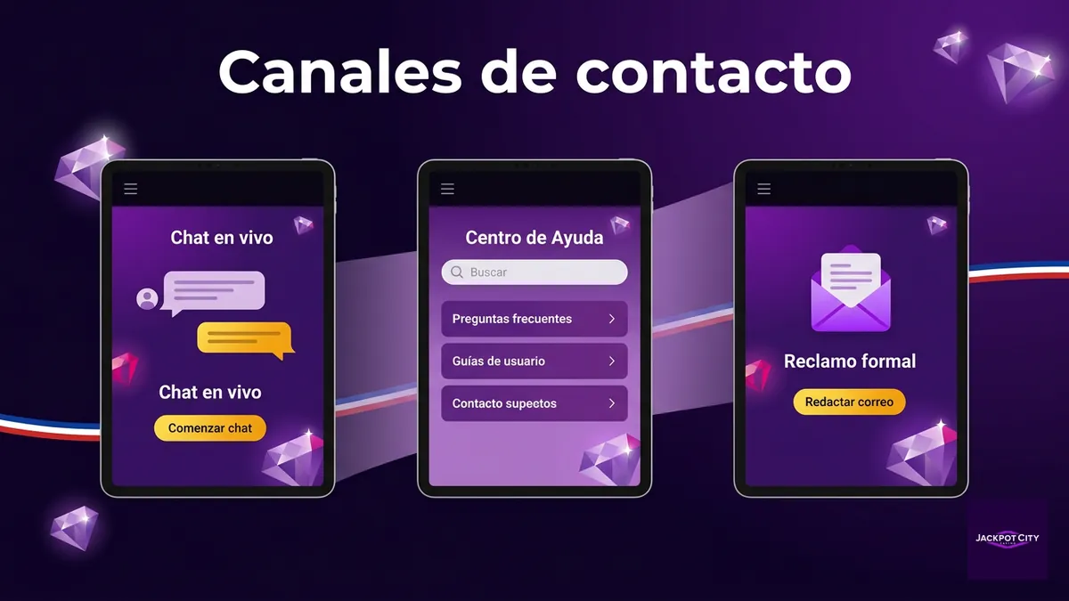 Tres pasos de contacto con JackpotCity Chile: chat en vivo, Centro de Ayuda y reclamo formal