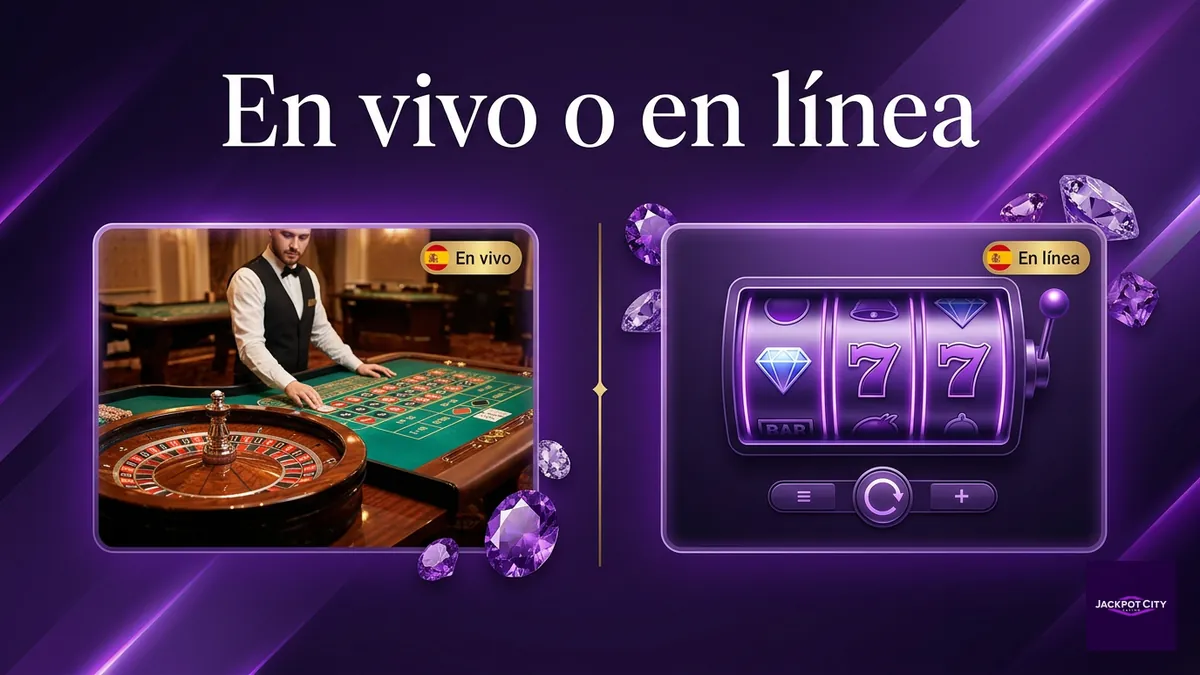 Comparación visual entre casino en vivo con crupier y casino online RNG de JackpotCity en dos paneles morados
