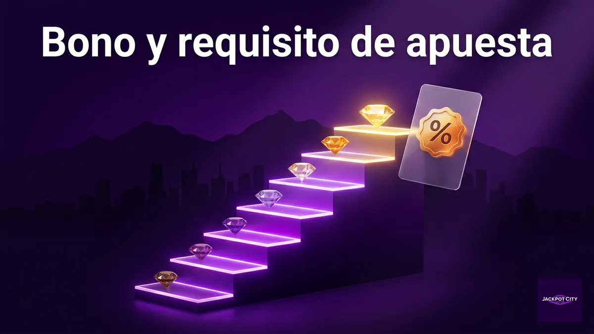 Escalera de luz morada y dorada representando el bono de bienvenida y su requisito de apuesta en JackpotCity