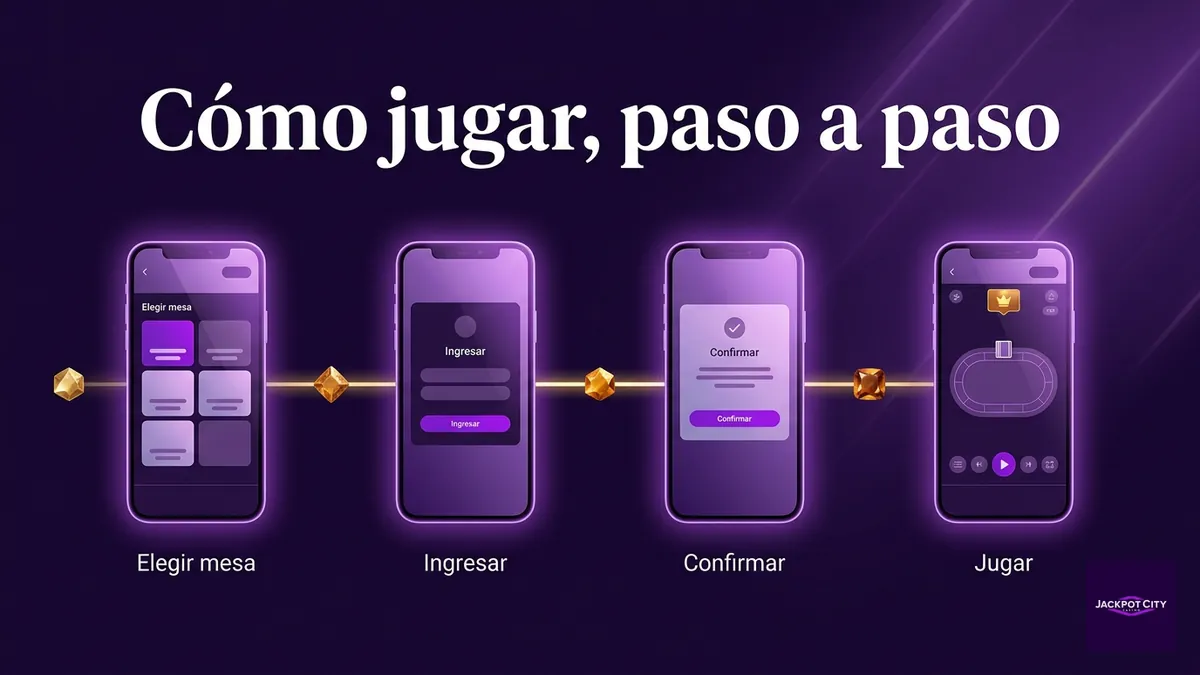 Secuencia de cuatro pantallas de celular mostrando los pasos para jugar casino en vivo en JackpotCity