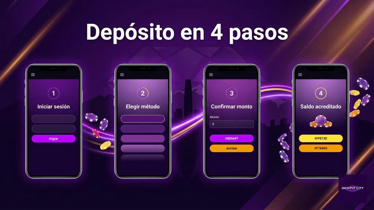 Cuatro pasos para depositar en JackpotCity Chile mostrados en pantallas de teléfono