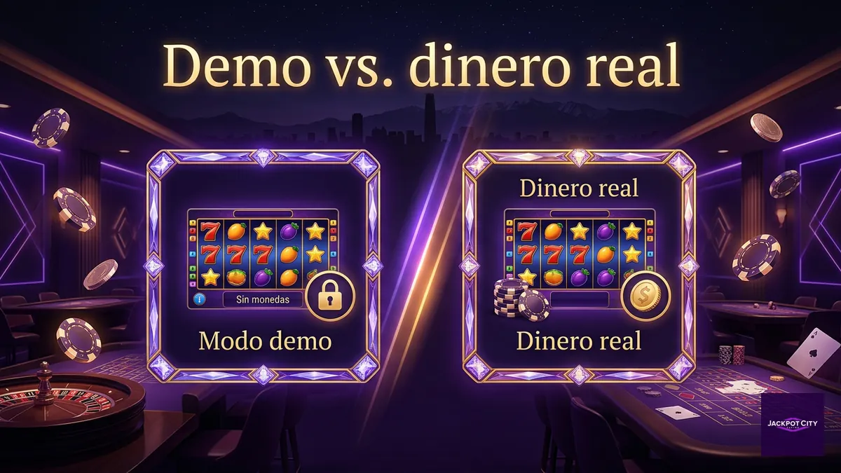 Comparación visual entre el modo demo y el juego con dinero real en JackpotCity, con silueta de Santiago