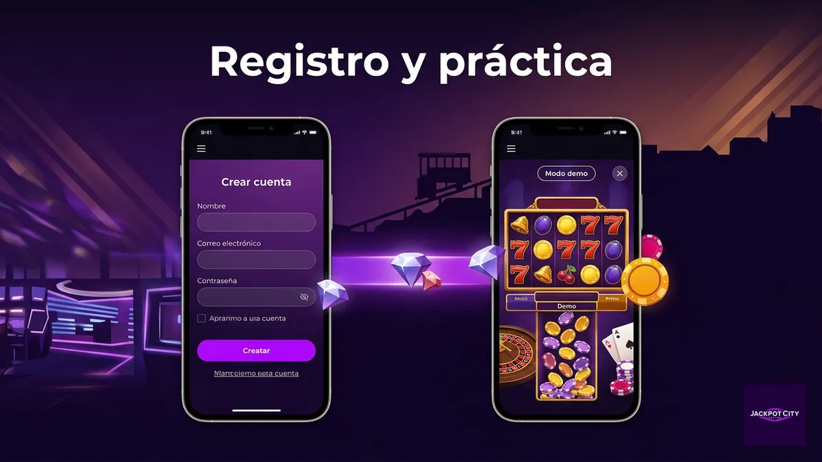 Pasos para crear cuenta y practicar en modo demo en JackpotCity, con silueta de Valparaíso