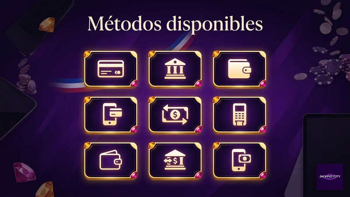 Mosaico de tarjetas, transferencias y billeteras digitales disponibles en JackpotCity Chile