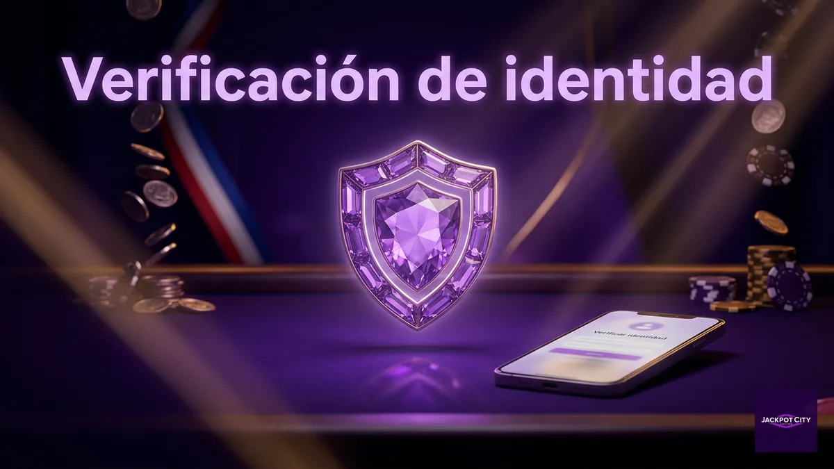 Verificación de identidad KYC antes de retirar en JackpotCity Chile, escudo y mockup de teléfono