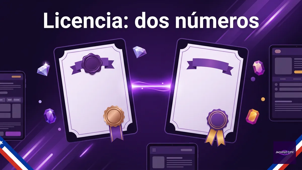 Dos sellos de licencia distintos en violeta que ilustran la discrepancia de licencia de JackpotCity en Chile