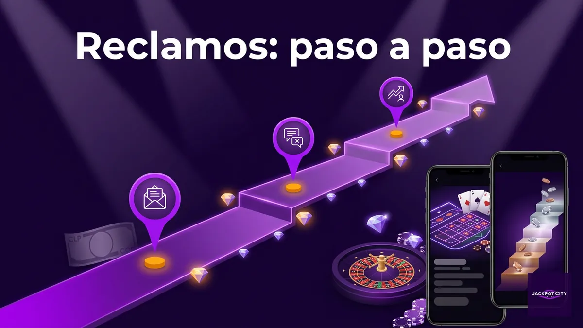 Línea de tiempo violeta con pasos iluminados que resume el procedimiento de reclamos formales de JackpotCity