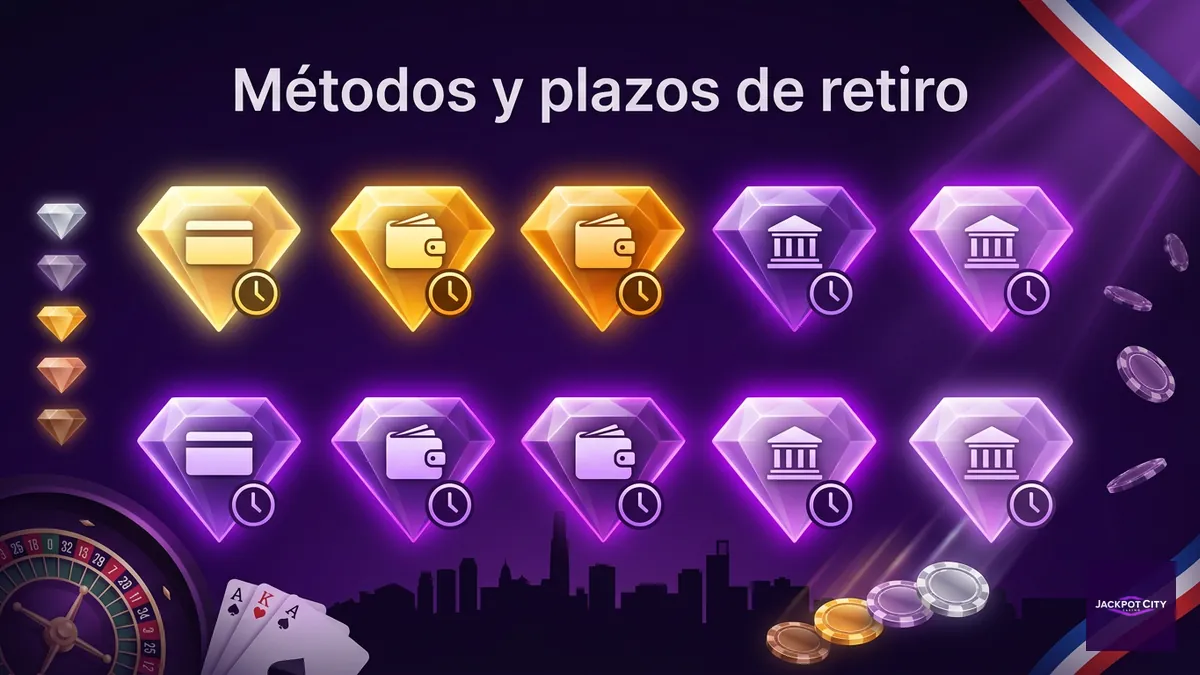 Comparación de métodos de retiro y sus plazos oficiales en JackpotCity Chile, de instantáneo a varios días