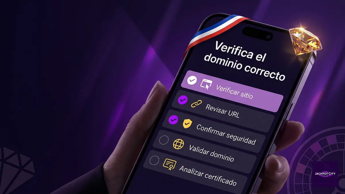 Checklist en un teléfono para verificar el dominio oficial de JackpotCity en Chile con acento de colores chilenos